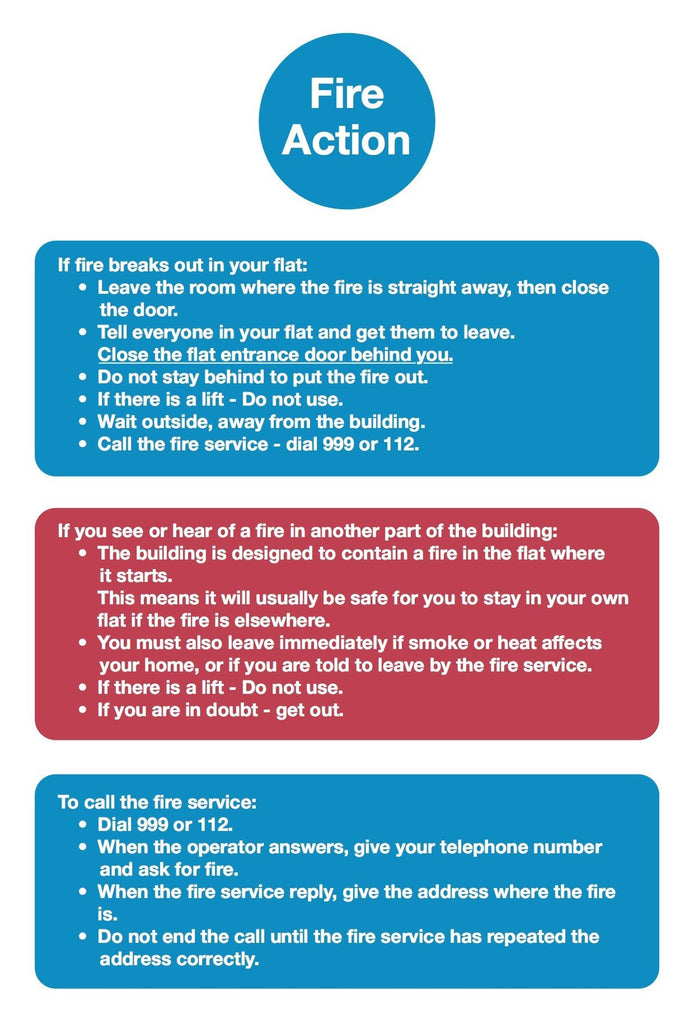 Fire action notices including the 'stay put' sign