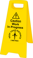 Double sided plastic floor stand Caution work in progress keep your distance MJN Safety Signs Ltd
