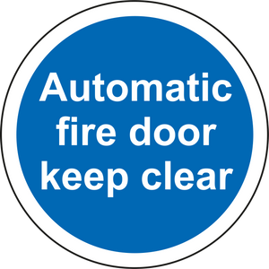 Circular cut out signs  - Automatic fire door keep clear - sold in packs of 50 or 100 MJN Safety Signs Ltd