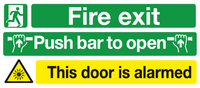 Fire exit Push bar to open This door is alarmed sign MJN Safety Signs Ltd