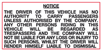Driver no authority to carry passenger - authorised by company MJN Safety Signs Ltd