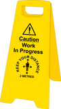 Double sided plastic floor stand Caution work in progress keep your distance MJN Safety Signs Ltd