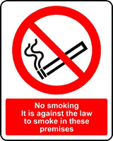 No smoking. It is against the law to smoke in these premises sign MJN Safety Signs Ltd
