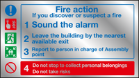 Fire action landscape small prestige silver sign MJN Safety Signs Ltd