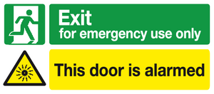 Exit for emergency use only This door is alarmed sign MJN Safety Signs Ltd