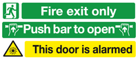 Fire exit only Push bar to open This door is alarmed sign MJN Safety Signs Ltd