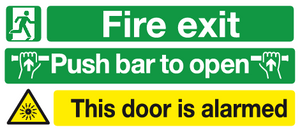 Fire exit Push bar to open This door is alarmed sign MJN Safety Signs Ltd