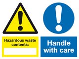 Hazardous waste contents Handle with care sign MJN Safety Signs Ltd