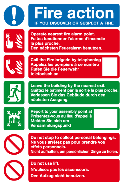 Multi-lingual Fire action sign 1-7 MJN Safety Signs Ltd