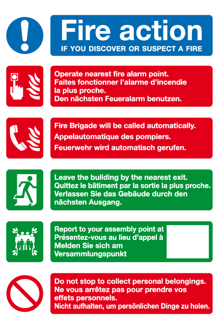 Multilingual Fire Multi-lingual Fire action sign 1-5 | Escape route signs – MJN Safety ...