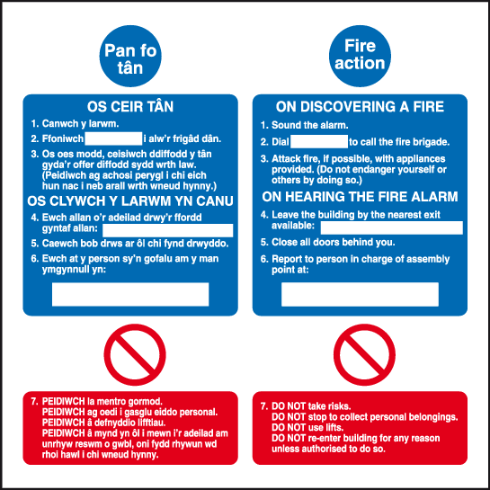 Pan fo tan Fire action Welsh/English instructions sign MJN Safety Signs Ltd