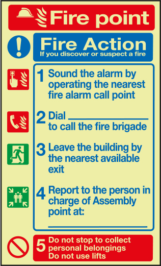 Fire action notice with fire point | Safety signs - Photoluminescent ...