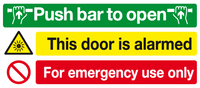 Push bar to open This door is alarmed For emergency use only sign MJN Safety Signs Ltd
