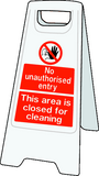 Double sided plastic floor stand No unauthorised entry / closed for cleaning MJN Safety Signs Ltd