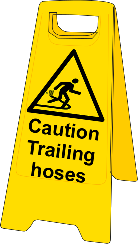 Double sided plastic floor stand Caution trailing hoses MJN Safety Signs Ltd