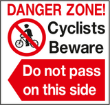 Danger zone cyclists beware. Do not pass on this side sign MJN Safety Signs Ltd