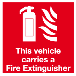 This vehicle carries a Fire Extinguisher inside fixing window stickers MJN Safety Signs Ltd