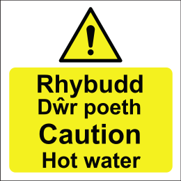 Rhybudd Dwr poeth Caution hot water welsh english sign MJN Safety Signs Ltd